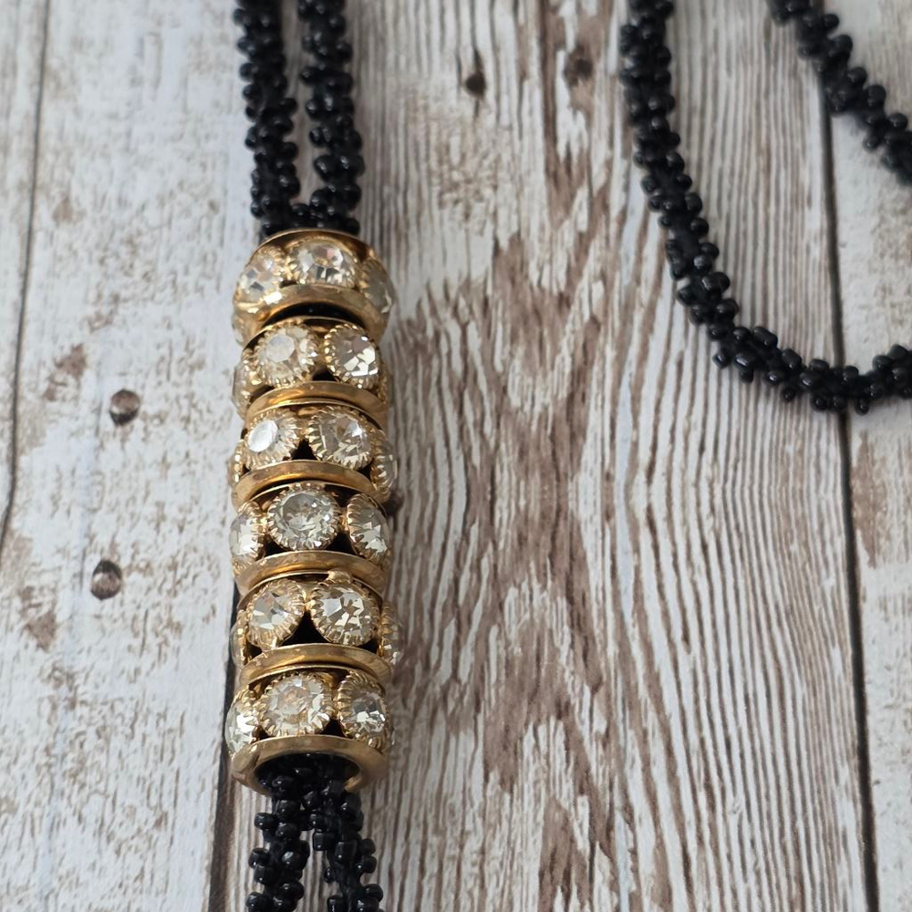 Women's Long Necklace Black Gold Rhinestone